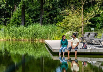 Menschen entspannen an einem idyllischen Seeufer, umgeben von üppigem Grün und ruhiger Natur.