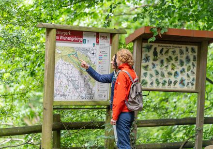 Zwei Frauen vor Wandertafel im Wald