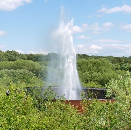 Wasserskulptur Aqua Magica in einem bewaldeten Park, umgeben von üppigem Grün unter blauem Himmel.