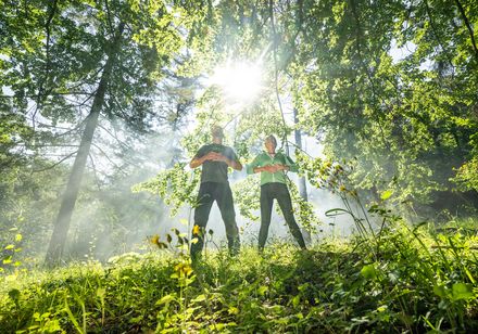 Zwei Personen in einer meditativen Pose im Wald