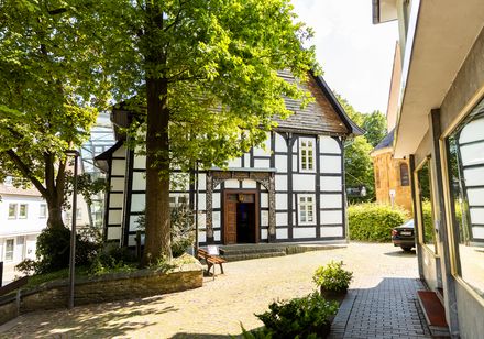 Ein historisches Fachwerkhaus mit grünem Baum davor, eingebettet in eine gepflasterte Umgebung.