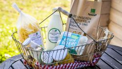 Ein Metallkorb voll regionaler Produkte: Eier, Milch, Pasta, Brot und eine Tüte vom Biohof.
