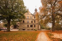 Schloss Hamborn im herbstlichen Licht, umgeben von leuchtenden Blättern und altem Baumbestand.