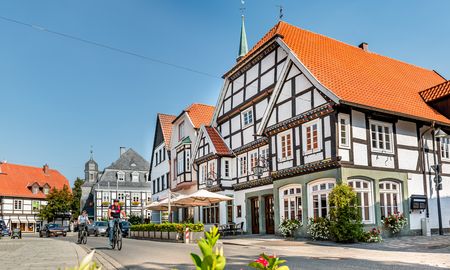 Historische Fachwerkhäuser in einer malerischen Stadtstraße, umgeben von blauen Himmel und Blüten.