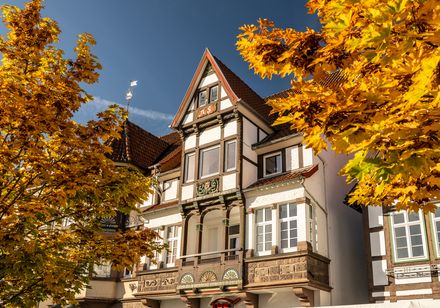 Herbstlich eingefärbtes Fachwerkhaus mit aufwendig verzierten Fassaden, umgeben von goldenen Bäumen.