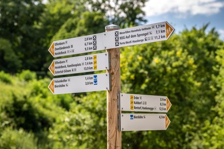 Wegweiser aus Holz in ländlicher Umgebung mit mehreren Schildern zu Wanderzielen im Grünen.