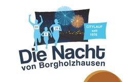 Logo des Citylaufs "Die Nacht von Borgholzhausen" mit drei Läufern und Feuerwerk.