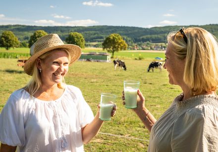 Zwei Frauen stoßen mit Milchgläsern auf einer Wiese mit grasenden Kühen und Hügeln im Hintergrund an.