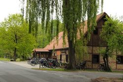 Ein rustikales Gebäude, umgeben von Bäumen, mit geparkten Fahrrädern an der Straßenseite.
