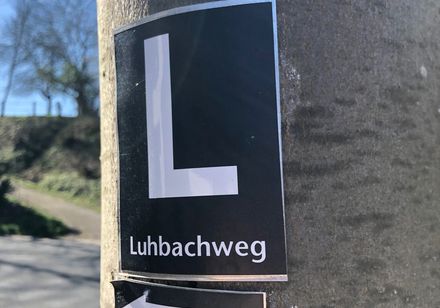 Wegweiser Luhbachweg an einem Baumstamm
