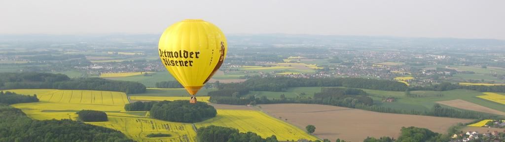 Ein gelber Heißluftballon schwebt über einer weitläufigen Landschaft mit grünen Feldern und Wäldern.