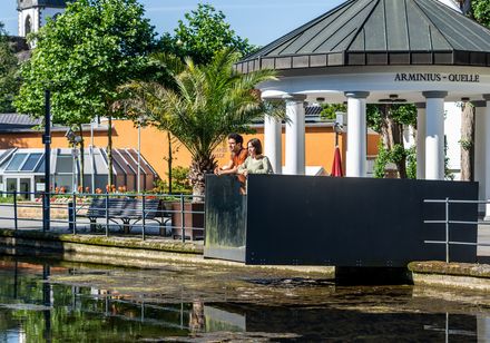 <p>Brunnenanlage Arminius-Quelle in Bad Lippspringe, umgeben von üppigem Grün und historischen Gebäuden.</p>