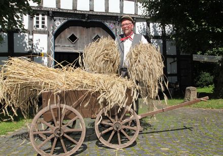 Mann mit Heuwagen vor Rürupsmühle