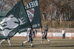 American Football-Spieler halten große grüne Fahnen auf einem Spielfeld, Bäume im Hintergrund.
