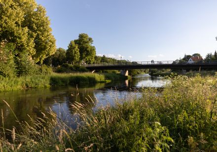 <p>Flusslandschaft mit Brücke, umgeben von grüner Vegetation, unter blauem Himmel im Sonnenlicht.</p>