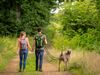 Ein Paar spaziert auf einem Waldweg, einen Hund ausführend, umgeben von üppigem Grün.