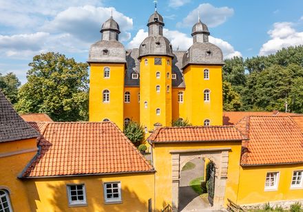 Gelbes Schloss mit drei Türmen, rotem Dach und Torbogen, umgeben von Bäumen und blauem Himmel.