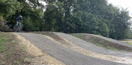 Ein Mountainbiker springt über einen Hügel im Bikepark mit dicht bewaldetem Hintergrund.
