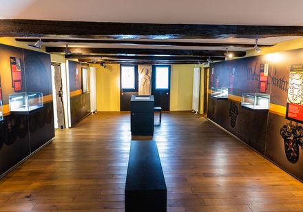 Museumsausstellung mit Holzboden, beleuchteten Vitrinen und Infotafeln an den Wänden.