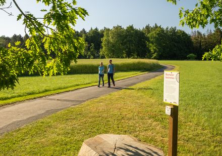 Schild neben Baumstumpf, im Hintergrund zwei Wanderer auf dem Waldlehrpfad Stemweder Berg
