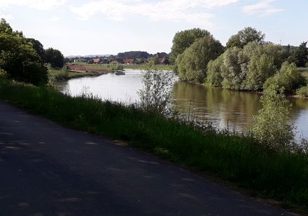 Blick auf die Weser, den Radweg und die Fähre im Hintergrund