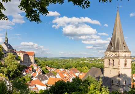 Warburger Altstadtansicht: Historische Gebäude, Kirchturm und grüne Hügel unter blauem Himmel.