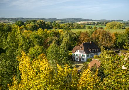 Fachwerkhaus inmitten grüner Wiesen und Wälder, umgeben von sanften Hügeln bei Blomberg.