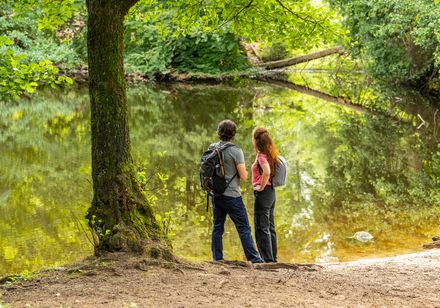 Wanderer blicken auf Donoper Teich