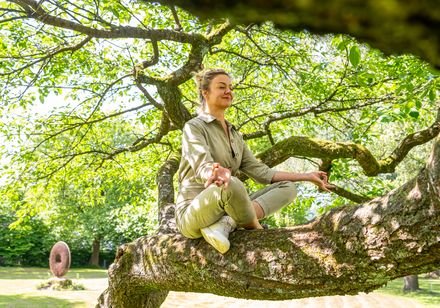 Frau sitzt in Yoga-Pose auf einem Baum