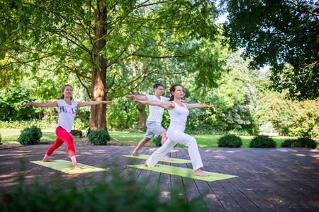 Menschen praktizieren Yoga auf einer Holzterrasse im Park, umgeben von Bäumen und grüner Natur.