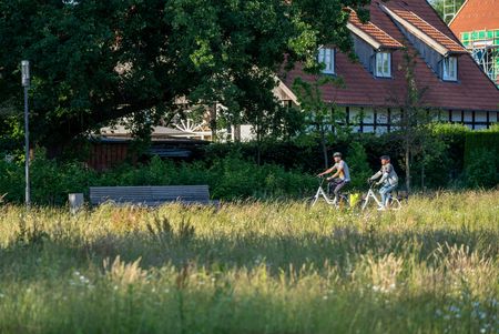 Zwei Radfahrer fahren auf einem Weg entlang einer Wiese vor einem großen Baum und Fachwerkhäusern.