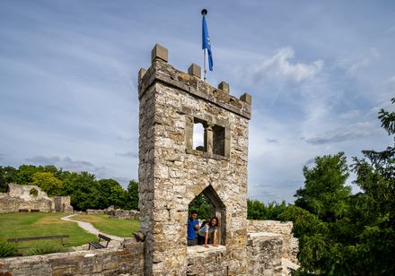 Eine mittelalterliche Burgruine mit einem steinernen Turm, umgeben von grünen Bäumen im Sommer.