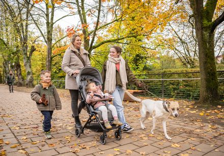 Familie mit Kinderwagen beim Spaziergang mit Hund
