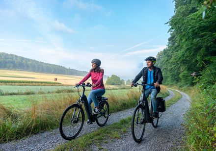Zwei Radfahrer auf einem Schotterweg durch eine grüne Landschaft mit Bäumen im Hintergrund.