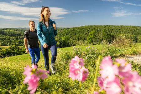 Alemtalblick Büren: Zwei Personen wandern Hügel hinaus, vorne Blumen