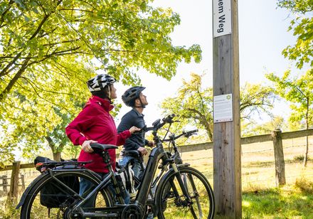 Zwei Fahrradfahrer schauen sich den Bibel Pfahl Bellersen an