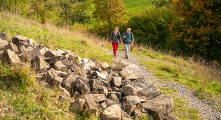 Zwei Wanderer auf Wanderweg, Links Steine