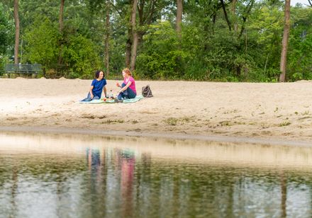 Zwei Personen sitzen auf einer Picknickdecke an einem sandigen Ufer, umgeben von Bäumen.