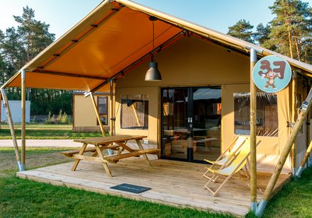 Ein Safari-Zelt mit Holzterrasse, Sitzbank und zwei Liegestühlen auf grünem Wiesengelände.